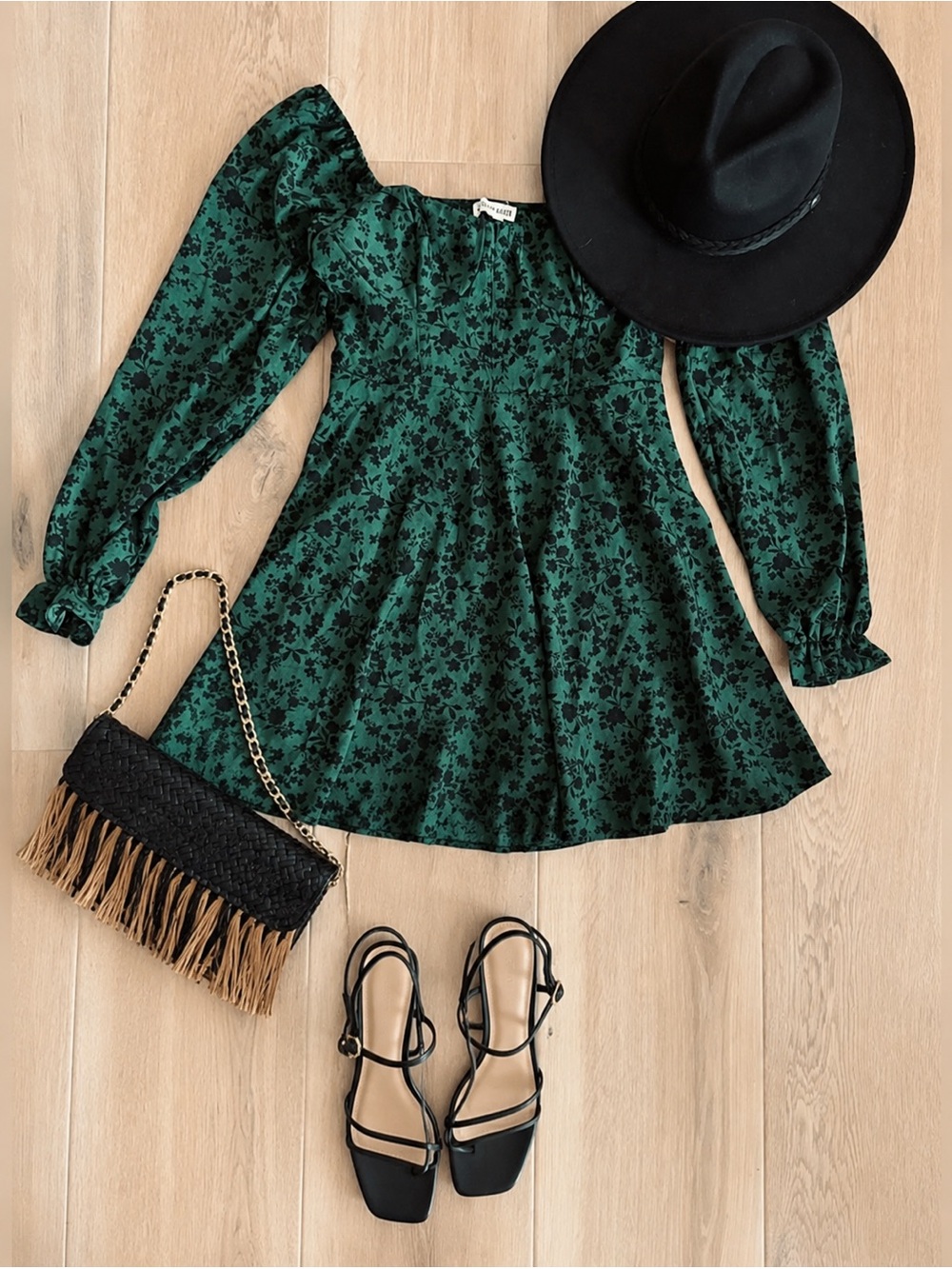 Green Floral Mini Dress | Western Chic | Size Medium - Picture 2 of 4
